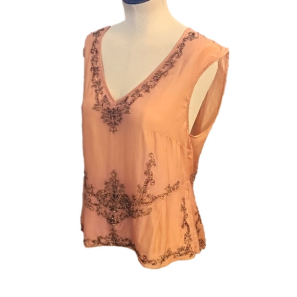 Walter Tops - Womens peachy pink hand beaded silk tank top by Walter size L.